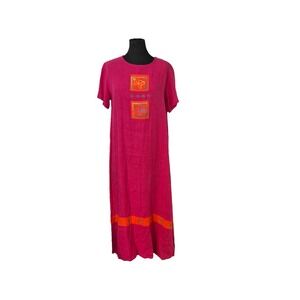 Blue Cactus Sz L Butterfly Pink VTG Maxi Dress  Linen Hand Painted Boho